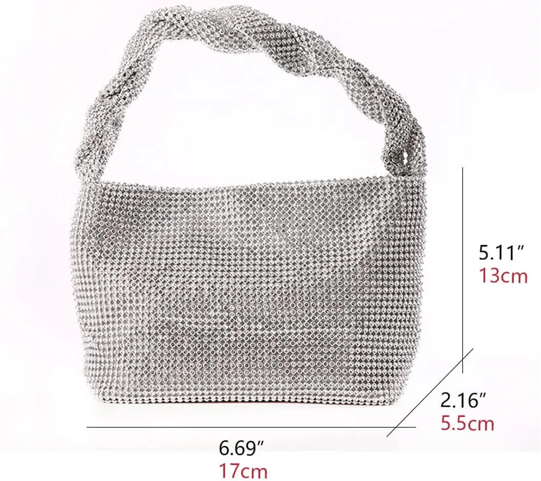 Logan Drill Mesh Luxurious Crystals Women Evening Handbags Magnet Switch Rhinestones Clutch Bags Solid Hobo for Wedding Party Silver