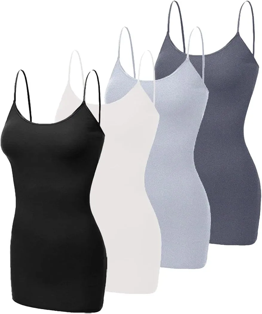 Long Camisole Tank Tops for Women - Undershirts Cami with Adjustable Spaghetti Strap 4 Pack (S-3XL)