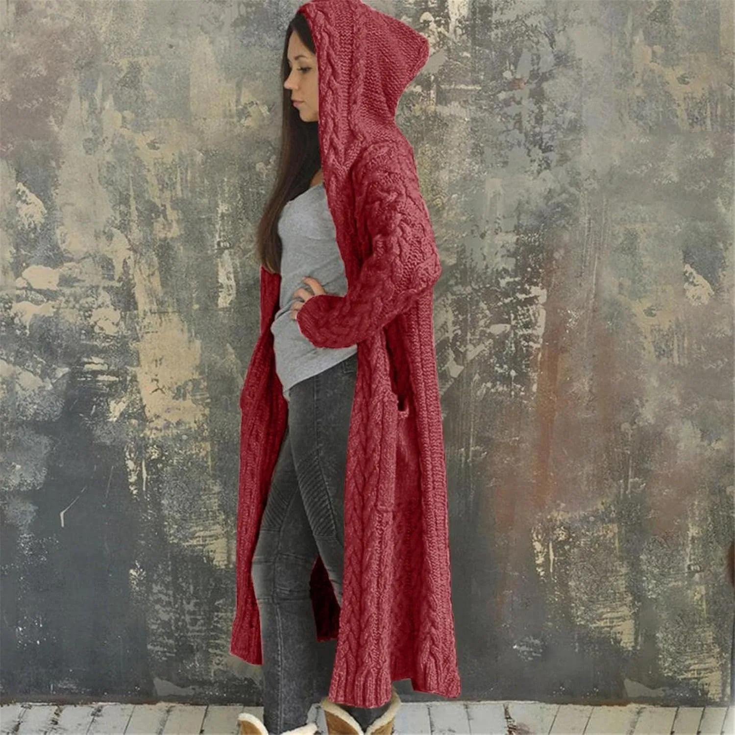 Long Cardigan for Women Long Sleeve Cable Knit Loose Plain Fall Winter Trench Coat with Pocket Autumn Open Front Casual