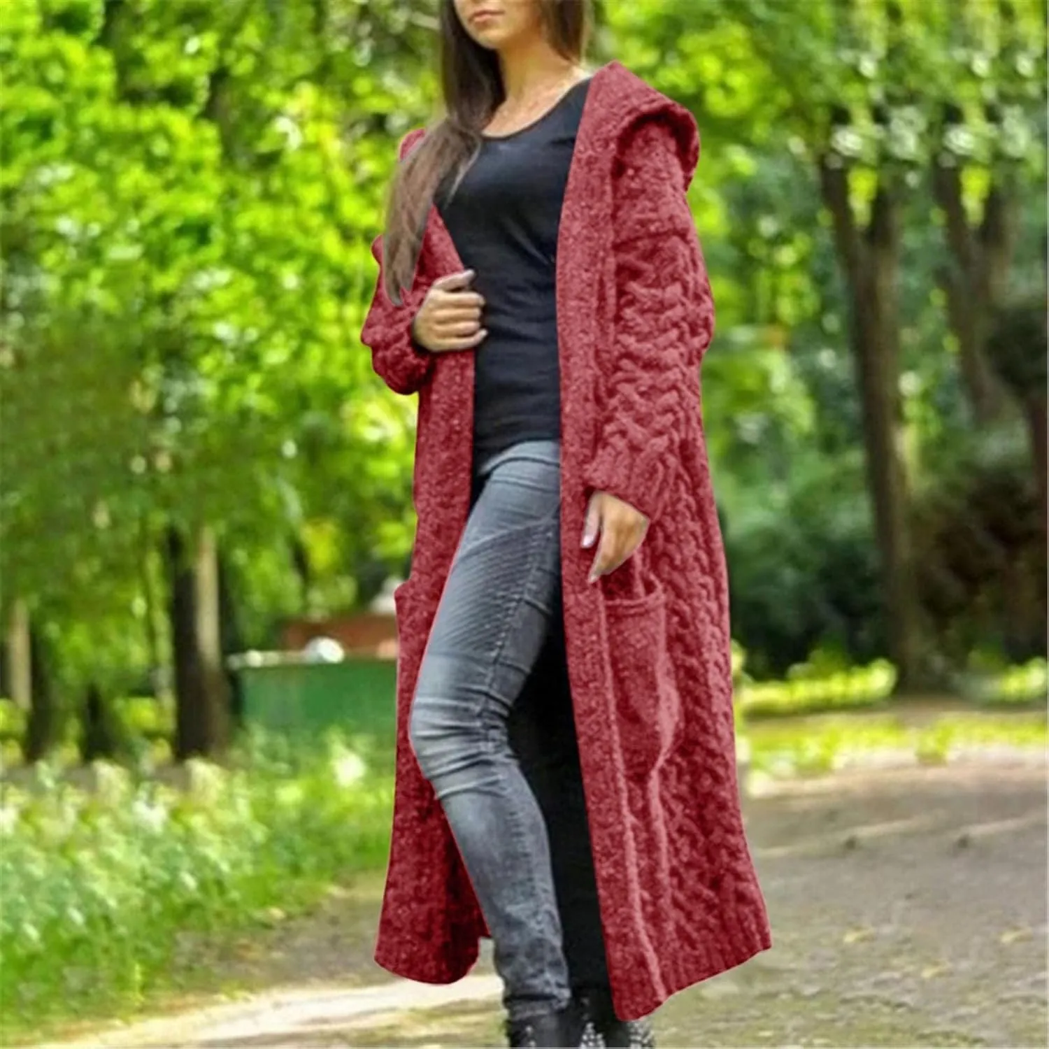 Long Cardigan for Women Long Sleeve Cable Knit Loose Plain Fall Winter Trench Coat with Pocket Autumn Open Front Casual