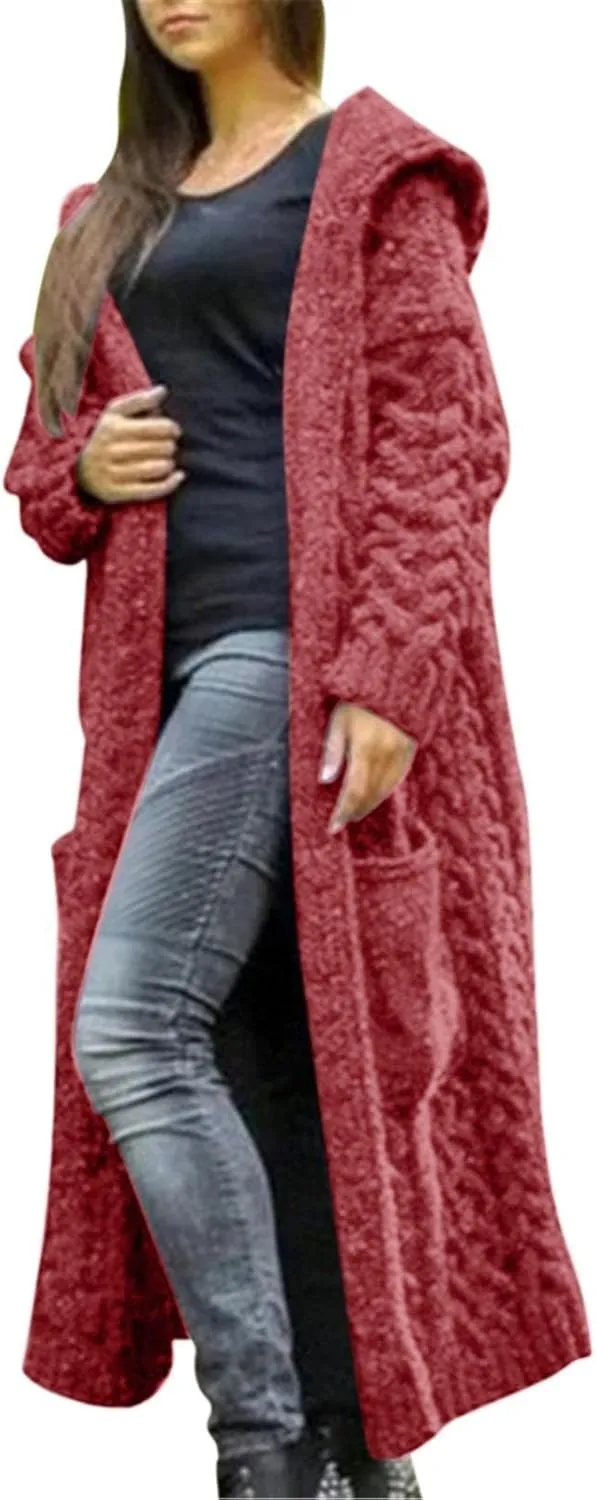 Long Cardigan for Women Long Sleeve Cable Knit Loose Plain Fall Winter Trench Coat with Pocket Autumn Open Front Casual