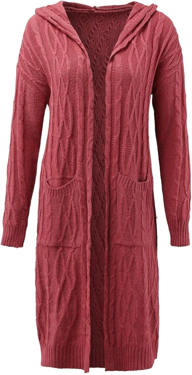 Long Cardigan for Women Long Sleeve Cable Knit Loose Plain Fall Winter Trench Coat with Pocket Autumn Open Front Casual