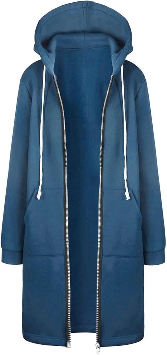 Long Jacket for Women Long Sleeve V Neck Full Zip Up Plain Trench Hooded Coat with Pocket Fleece Autumn Casual Winter Loose