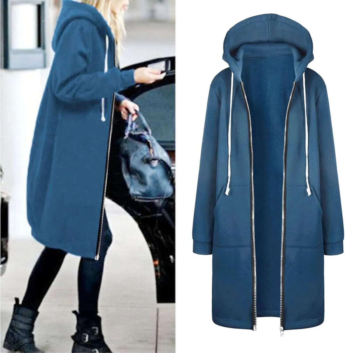 Long Jacket for Women Long Sleeve V Neck Full Zip Up Plain Trench Hooded Coat with Pocket Fleece Autumn Casual Winter Loose