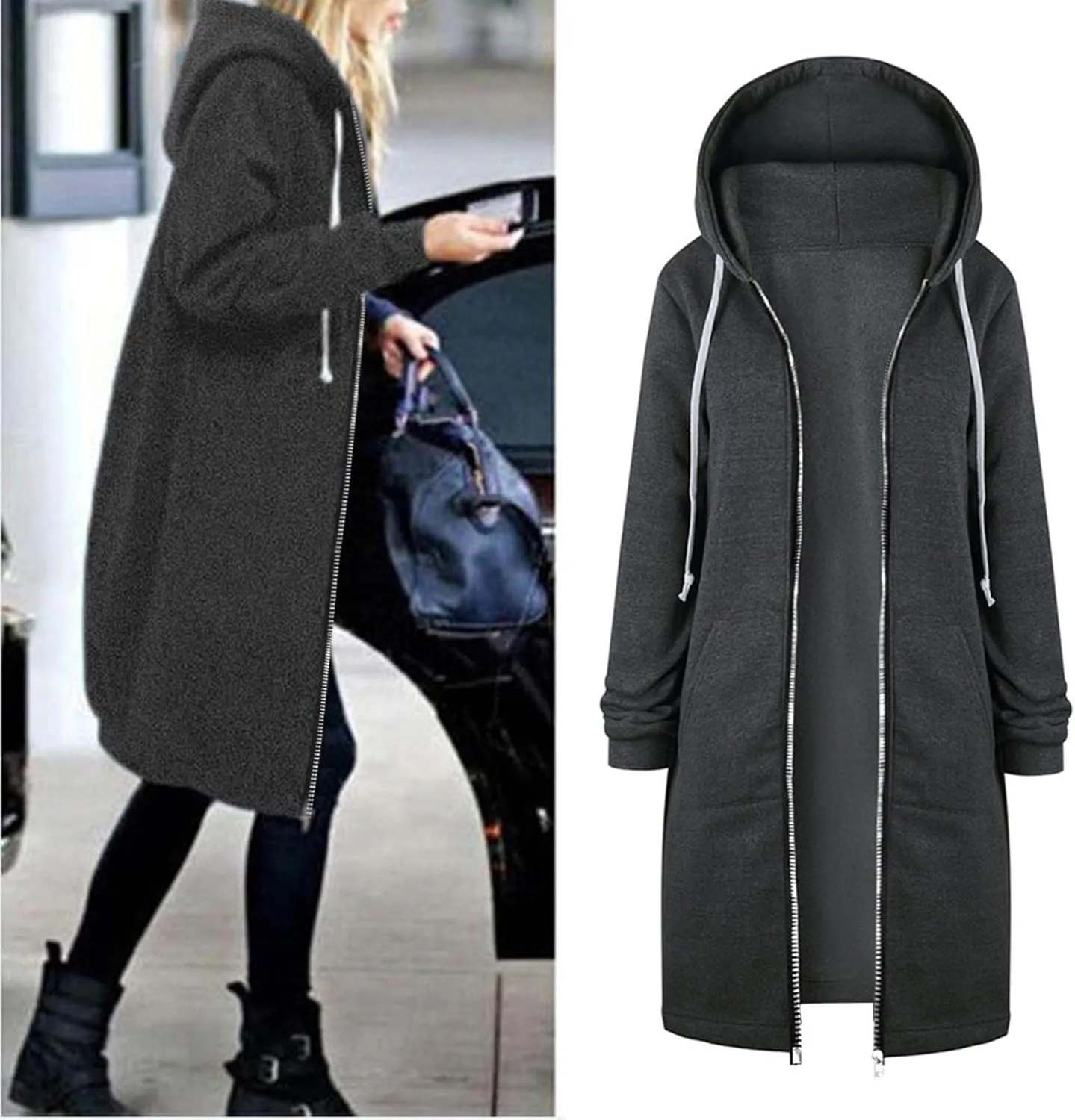 Long Jacket for Women Long Sleeve V Neck Full Zip Up Plain Trench Hooded Coat with Pocket Winter Outerwear Drawstring Fleece