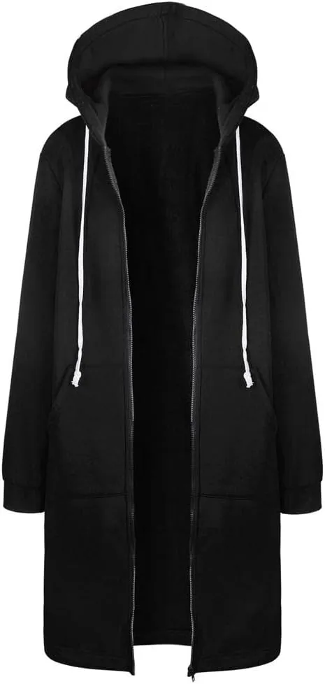 Long Jacket for Women Long Sleeve V Neck Full Zip Up Plain Trench Hooded Coat with Pocket Winter Outerwear Drawstring Fleece