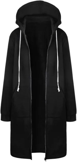Long Jacket for Women Long Sleeve V Neck Full Zip Up Plain Trench Hooded Coat with Pocket Winter Outerwear Drawstring Fleece