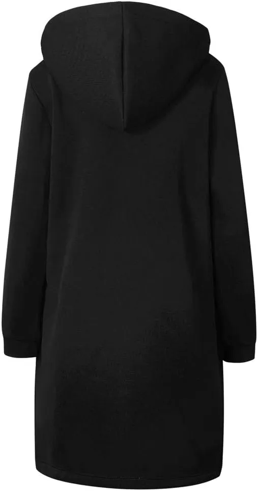 Long Jacket for Women Long Sleeve V Neck Full Zip Up Plain Trench Hooded Coat with Pocket Winter Outerwear Drawstring Fleece