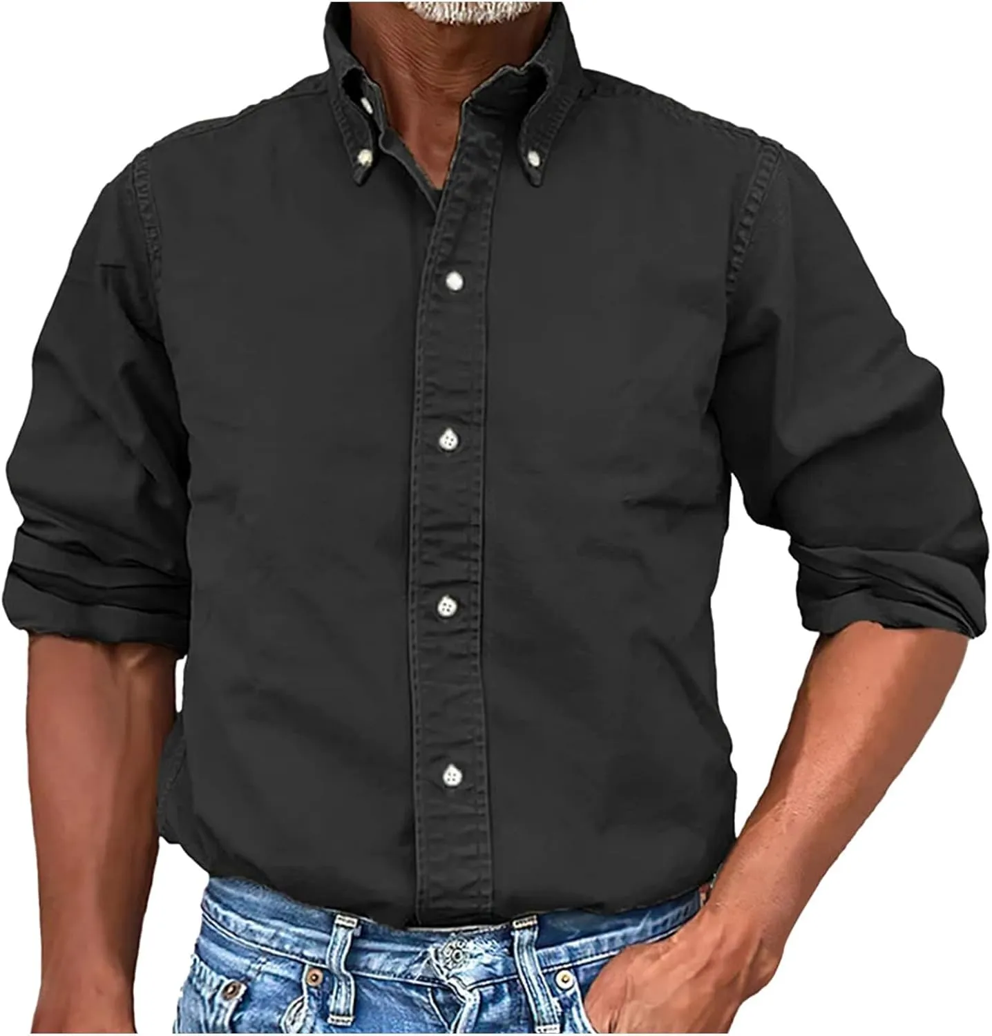 Long Sleeve T Shirt for Men Casual Button Down Lapel Neck Tee Shirt Plus Size Loose Fit Solid Business Dress Shirts