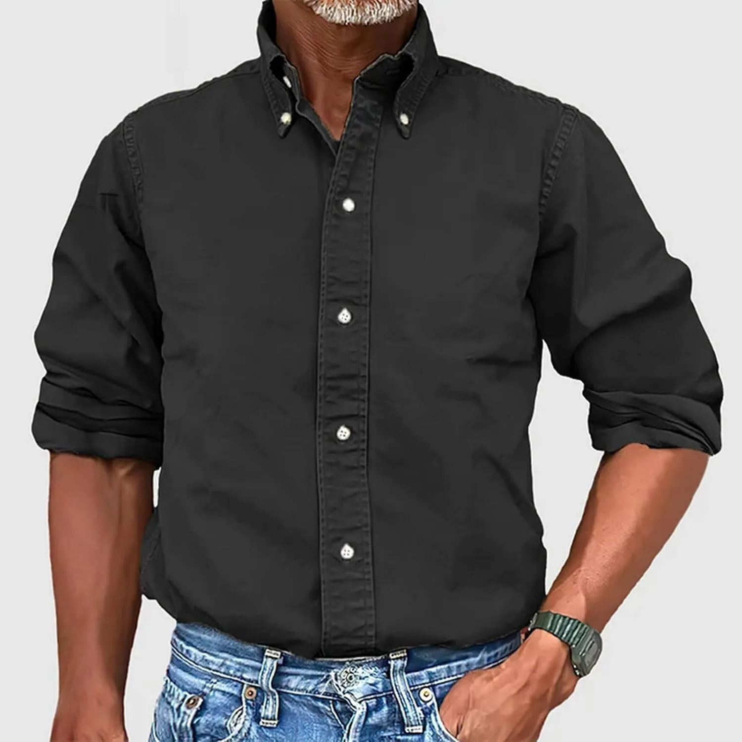 Long Sleeve T Shirt for Men Casual Button Down Lapel Neck Tee Shirt Plus Size Loose Fit Solid Business Dress Shirts