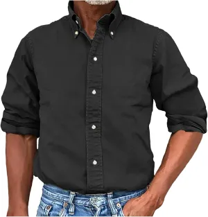 Long Sleeve T Shirt for Men Casual Button Down Lapel Neck Tee Shirt Plus Size Loose Fit Solid Business Dress Shirts