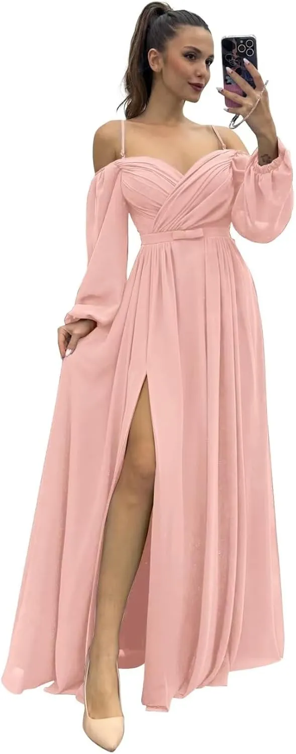 Long Sleeves Bridesmaid Dresses with Pockets for Wedding Chiffon Ruched Maxi Evening Party Dresses for Women