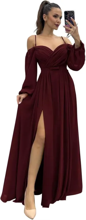 Long Sleeves Bridesmaid Dresses with Pockets for Wedding Chiffon Ruched Maxi Evening Party Dresses for Women