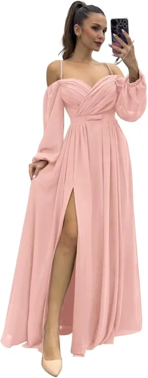 Long Sleeves Bridesmaid Dresses with Pockets for Wedding Chiffon Ruched Maxi Evening Party Dresses for Women