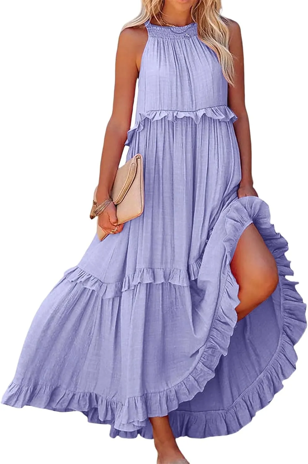 Long Summer Dresses for Women 2024 Sleeveless Halter Maxi Dress Casual Flowy Ruffle Sundress Elegant Beach Party Dress