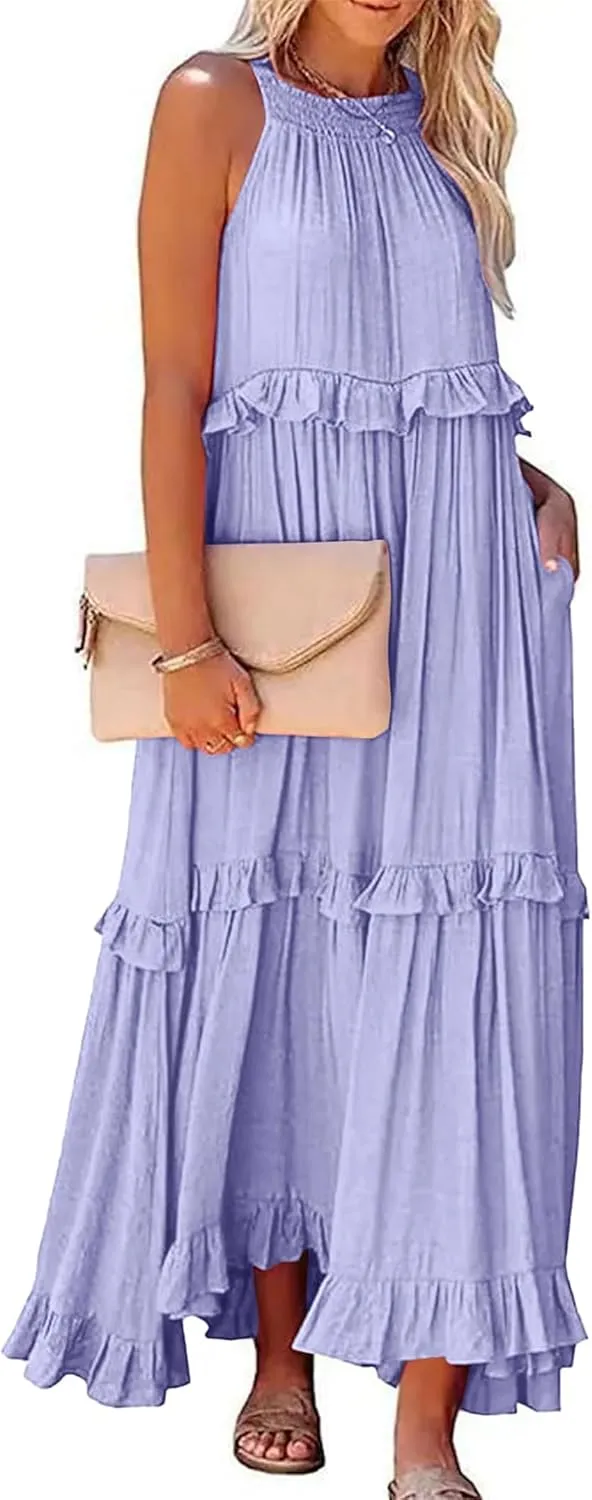 Long Summer Dresses for Women 2024 Sleeveless Halter Maxi Dress Casual Flowy Ruffle Sundress Elegant Beach Party Dress