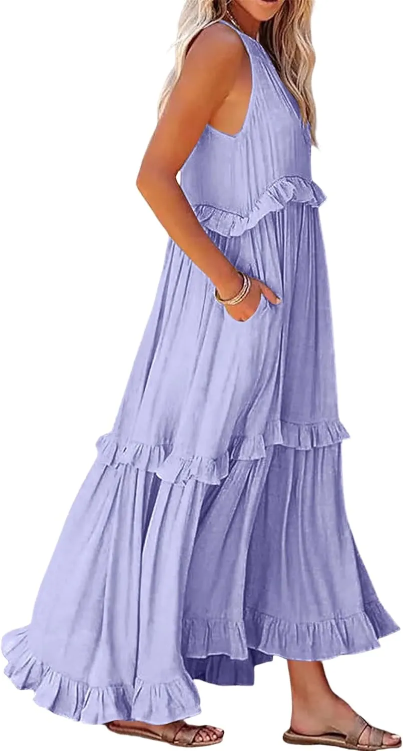 Long Summer Dresses for Women 2024 Sleeveless Halter Maxi Dress Casual Flowy Ruffle Sundress Elegant Beach Party Dress