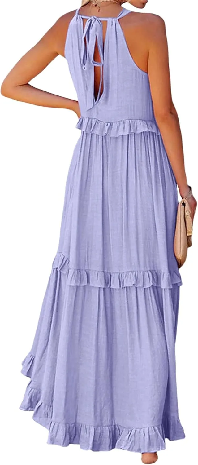 Long Summer Dresses for Women 2024 Sleeveless Halter Maxi Dress Casual Flowy Ruffle Sundress Elegant Beach Party Dress