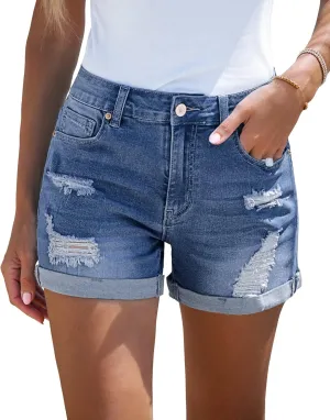 LookbookStore Women's High Waisted Rolled Hem Distressed Jeans Ripped Denim Shorts