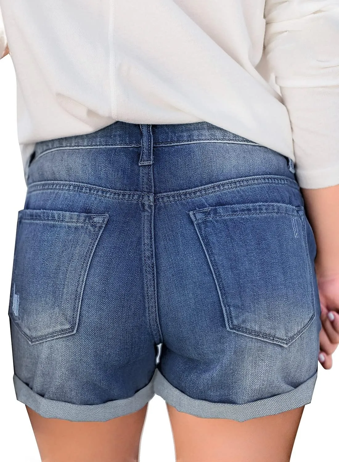 LookbookStore Women's High Waisted Rolled Hem Distressed Jeans Ripped Denim Shorts