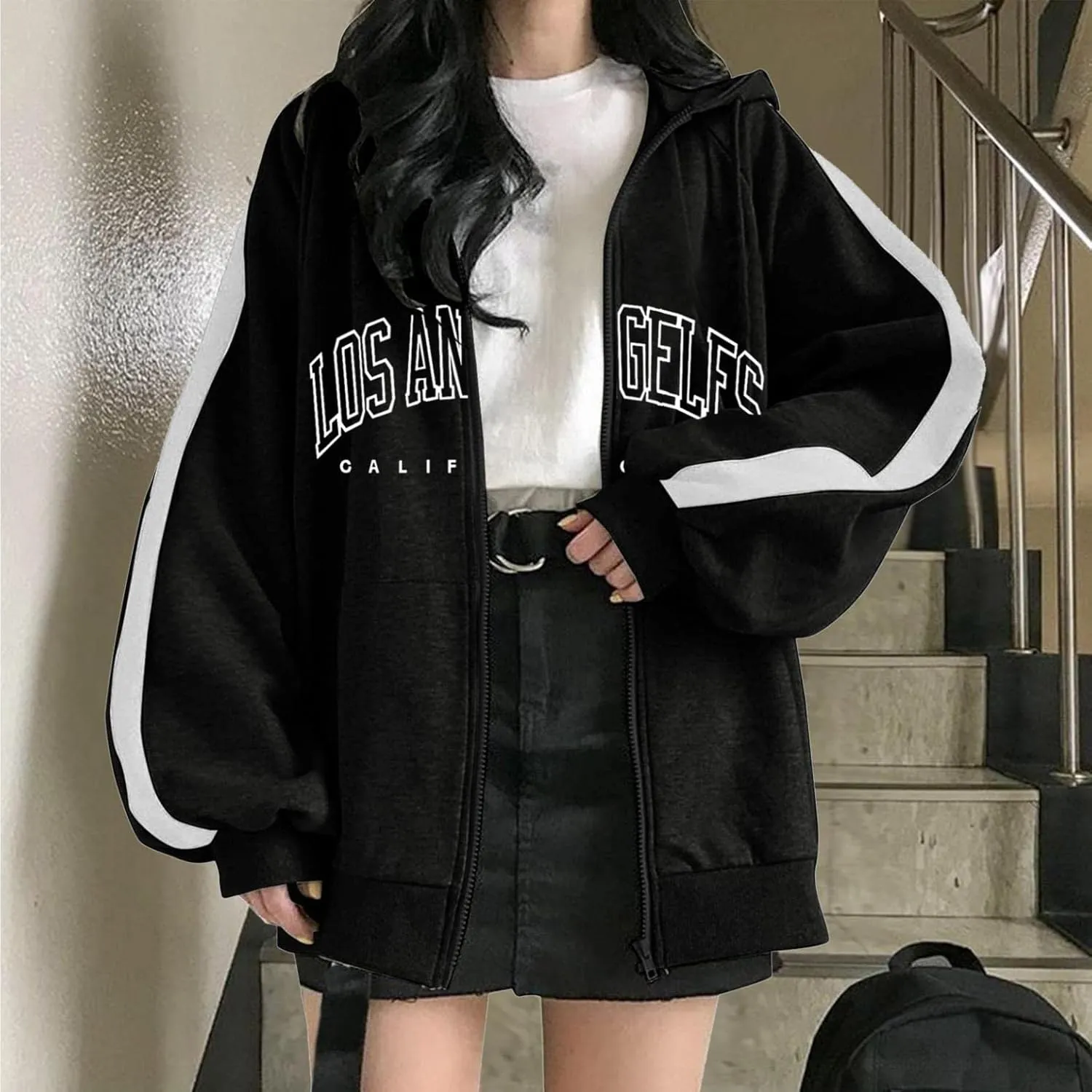 Los Angeles California Jacket for Women Hoodies Full Zip Up Print Pockets Long Sleeve Hooded Sweatshirt Coat Cute Zipper