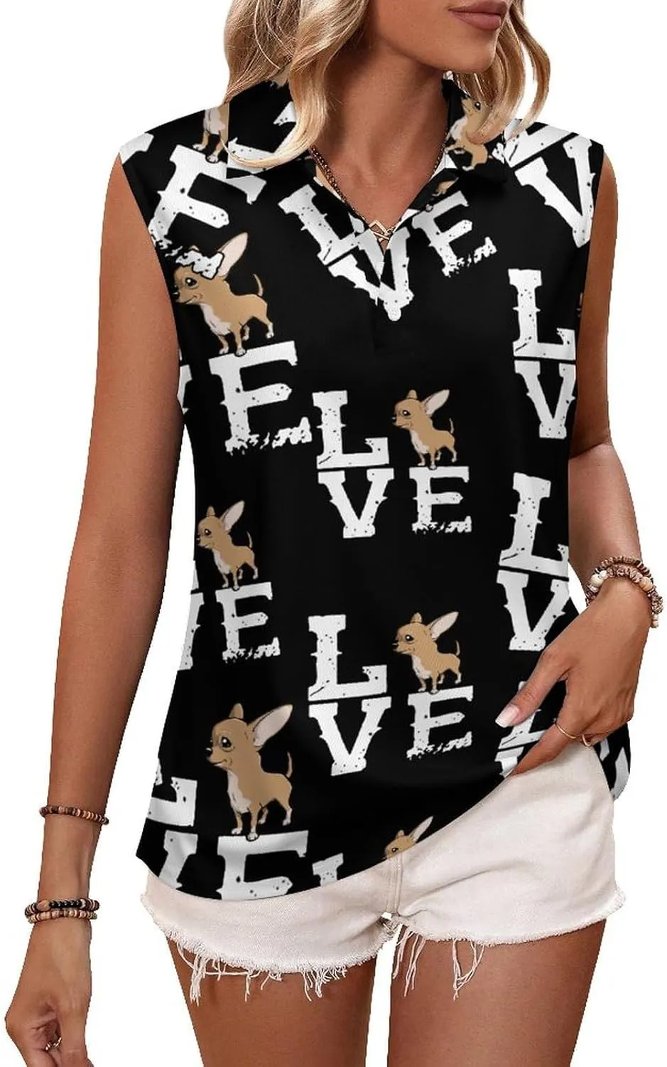 Love Chihuahua Women's Sleeveless Golf Polo Shirts Athletic Tank Tops