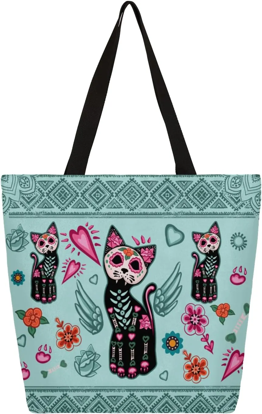 Lovely Mandala Flower Cat Large Capacity Canvas Tote Bag Stylish Handheld Shoulder Bag Reusable Shopping Bag for Work Travel Beach Trips Shopping