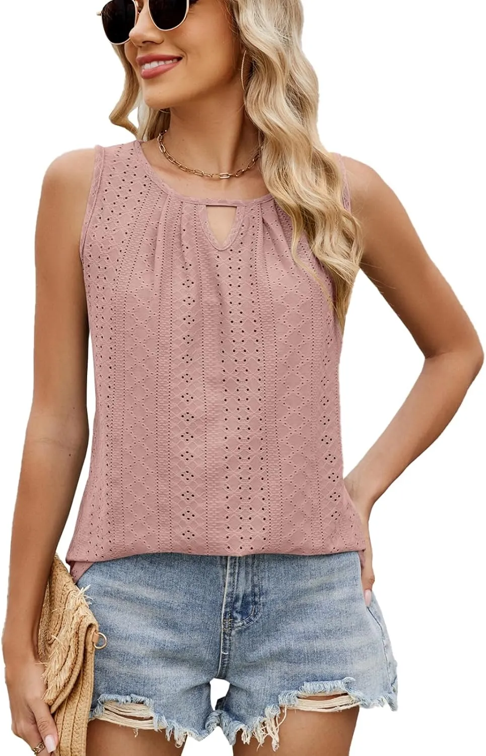 luwita Summer Tank Tops for Women 2025 Loose Fit Casual Sleeveless Keyhole Neck Tanks Trendy Eyelet Flowy Clothes
