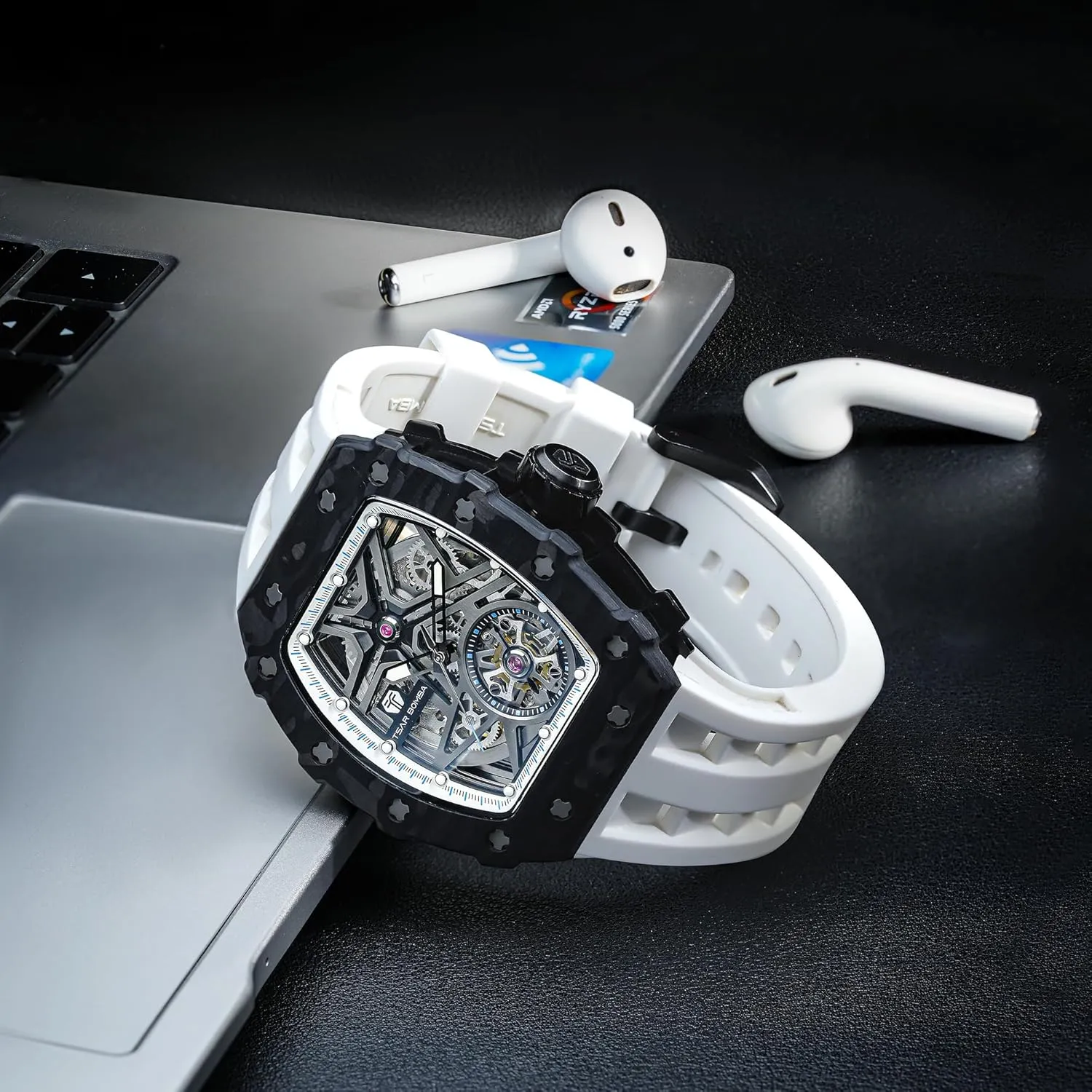 Luxury Automatic Mechanical Mens Watch-Tonneau Skeleton Wristwatch- Fluororubber Strap- Carbon Fiber/Ceramic/Diamond Case Square Watch-Sapphire Glass - Japanese Movement-50M Water Resistant