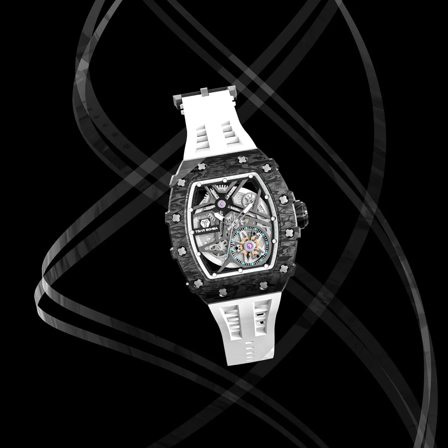 Luxury Automatic Mechanical Mens Watch-Tonneau Skeleton Wristwatch- Fluororubber Strap- Carbon Fiber/Ceramic/Diamond Case Square Watch-Sapphire Glass - Japanese Movement-50M Water Resistant