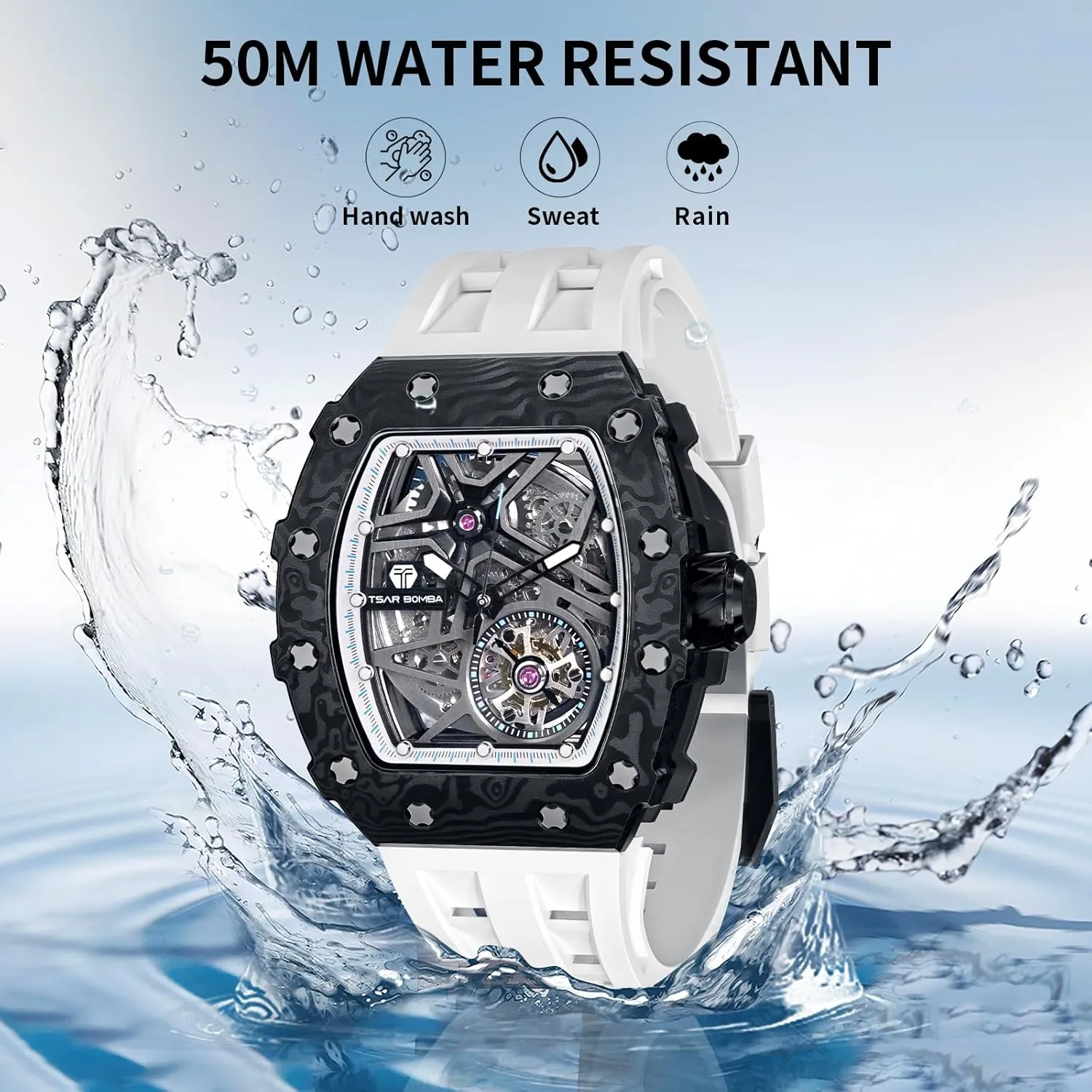 Luxury Automatic Mechanical Mens Watch-Tonneau Skeleton Wristwatch- Fluororubber Strap- Carbon Fiber/Ceramic/Diamond Case Square Watch-Sapphire Glass - Japanese Movement-50M Water Resistant