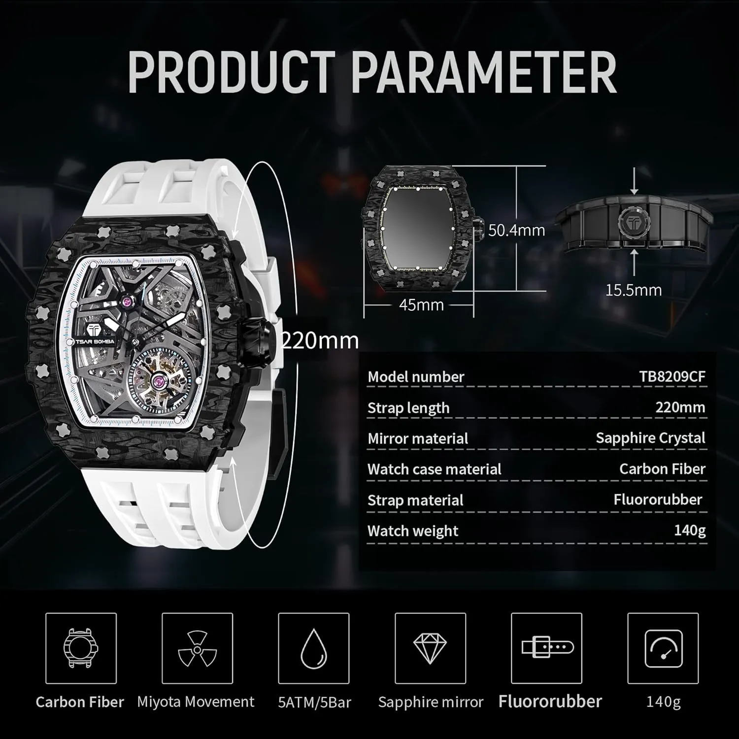 Luxury Automatic Mechanical Mens Watch-Tonneau Skeleton Wristwatch- Fluororubber Strap- Carbon Fiber/Ceramic/Diamond Case Square Watch-Sapphire Glass - Japanese Movement-50M Water Resistant