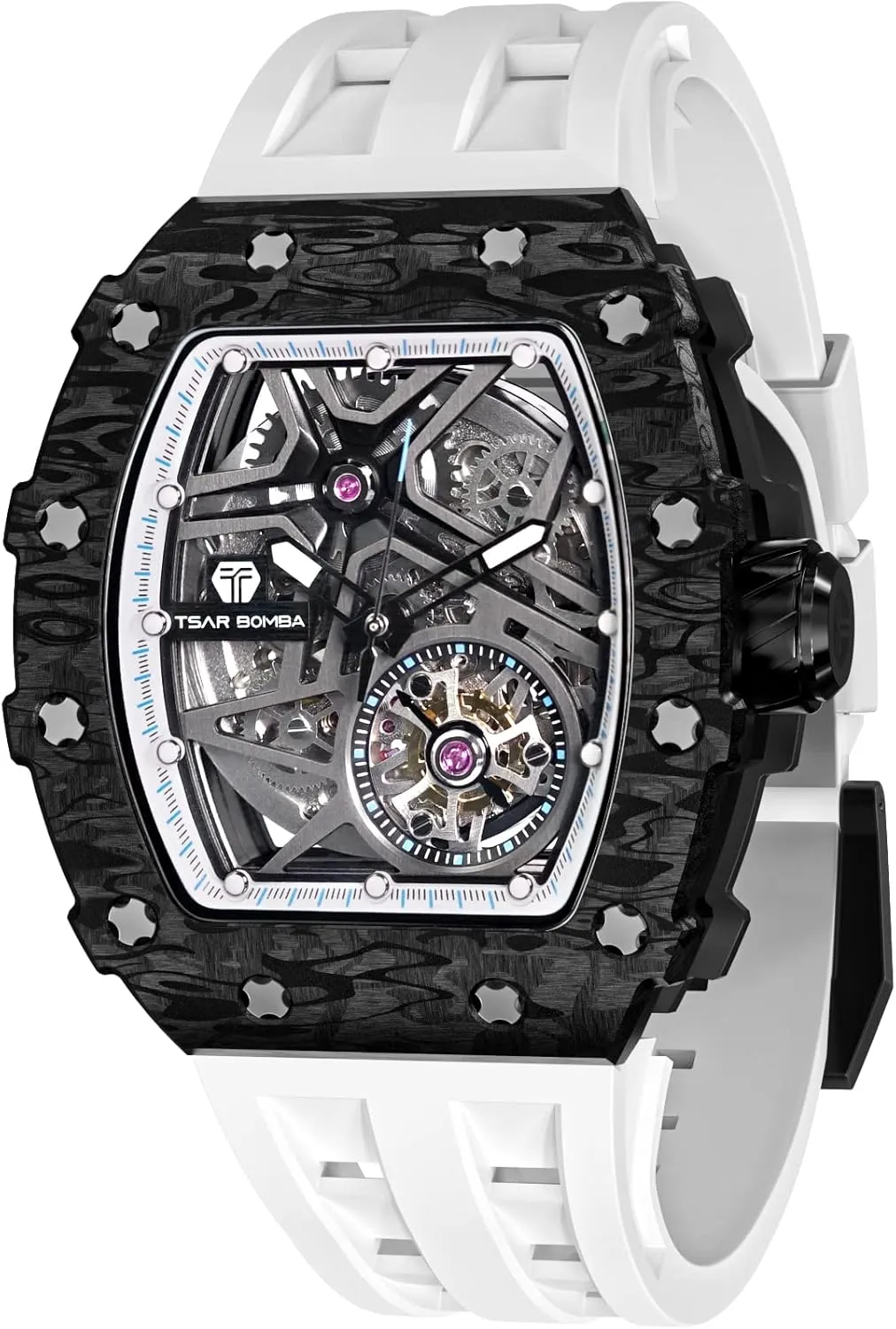 Luxury Automatic Mechanical Mens Watch-Tonneau Skeleton Wristwatch- Fluororubber Strap- Carbon Fiber/Ceramic/Diamond Case Square Watch-Sapphire Glass - Japanese Movement-50M Water Resistant