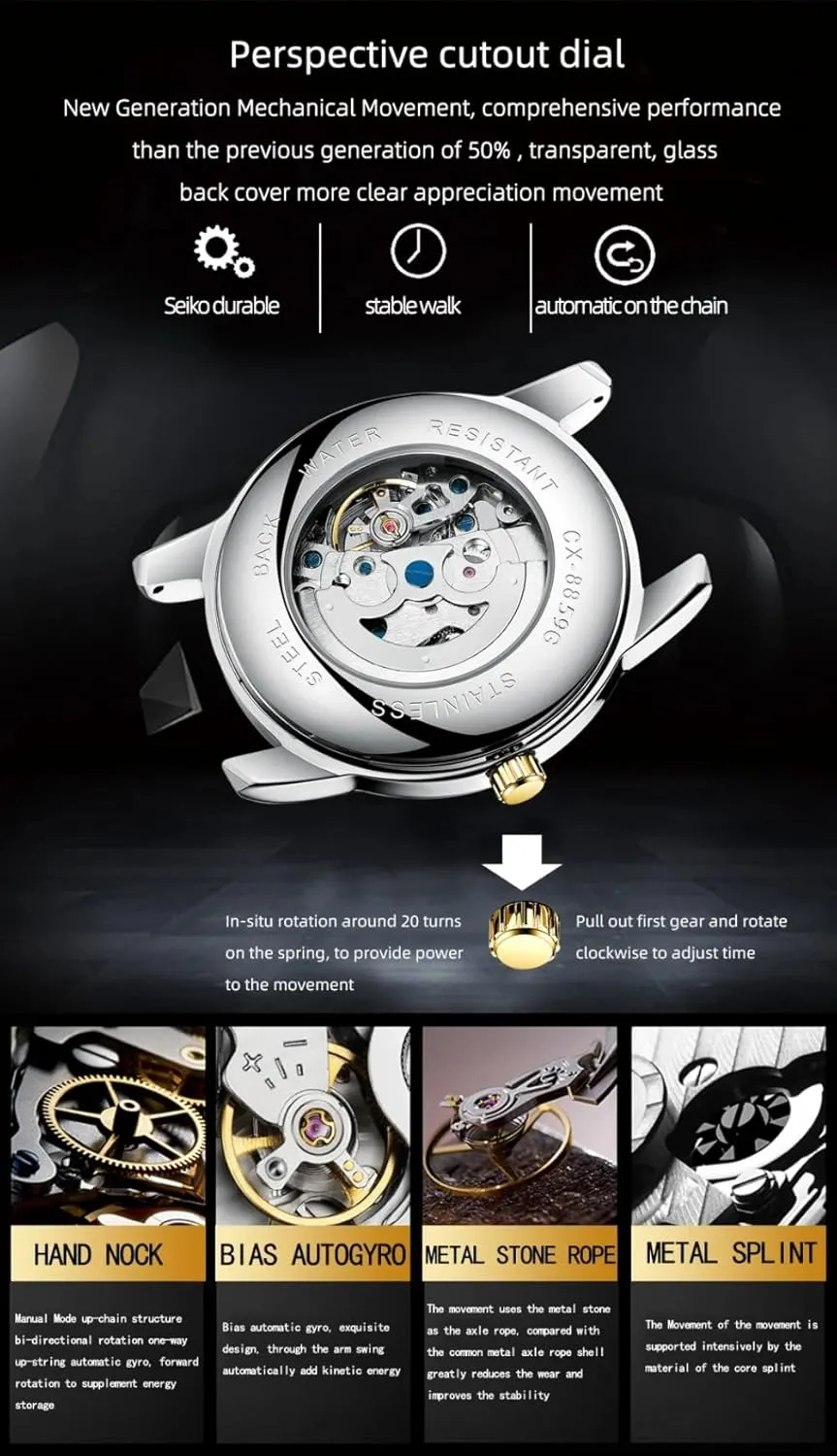Luxury Men Automatic Winding Mechanical Watch Tourbillon Skeleton Waterproof Mens Watches Business Wristwatch Male Clock