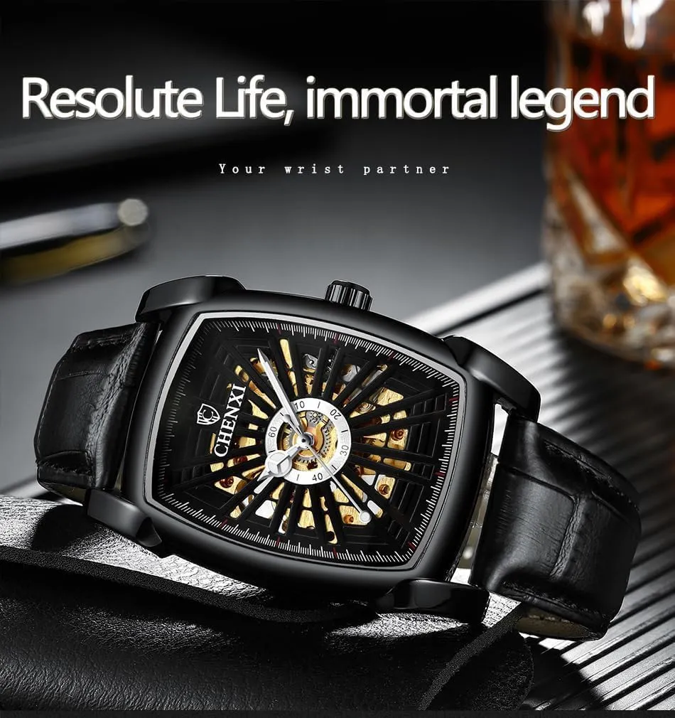 Luxury Men's Watches Fashion Square Dial Automatic Mechanical Watch Leather Hollow-Carved Design Mens Wrist Watch Luminous Waterproof Tourbillon Clock