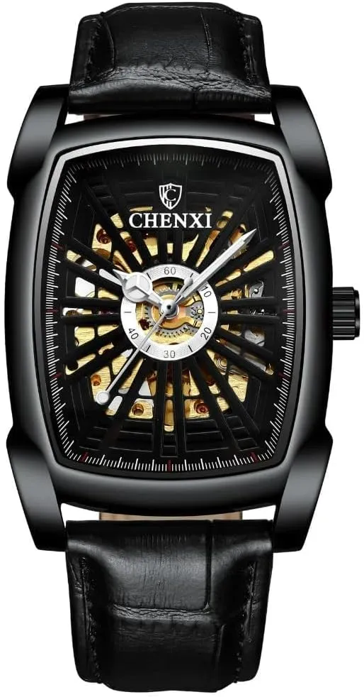 Luxury Men's Watches Fashion Square Dial Automatic Mechanical Watch Leather Hollow-Carved Design Mens Wrist Watch Luminous Waterproof Tourbillon Clock