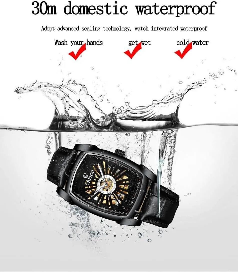 Luxury Men's Watches Fashion Square Dial Automatic Mechanical Watch Leather Hollow-Carved Design Mens Wrist Watch Luminous Waterproof Tourbillon Clock