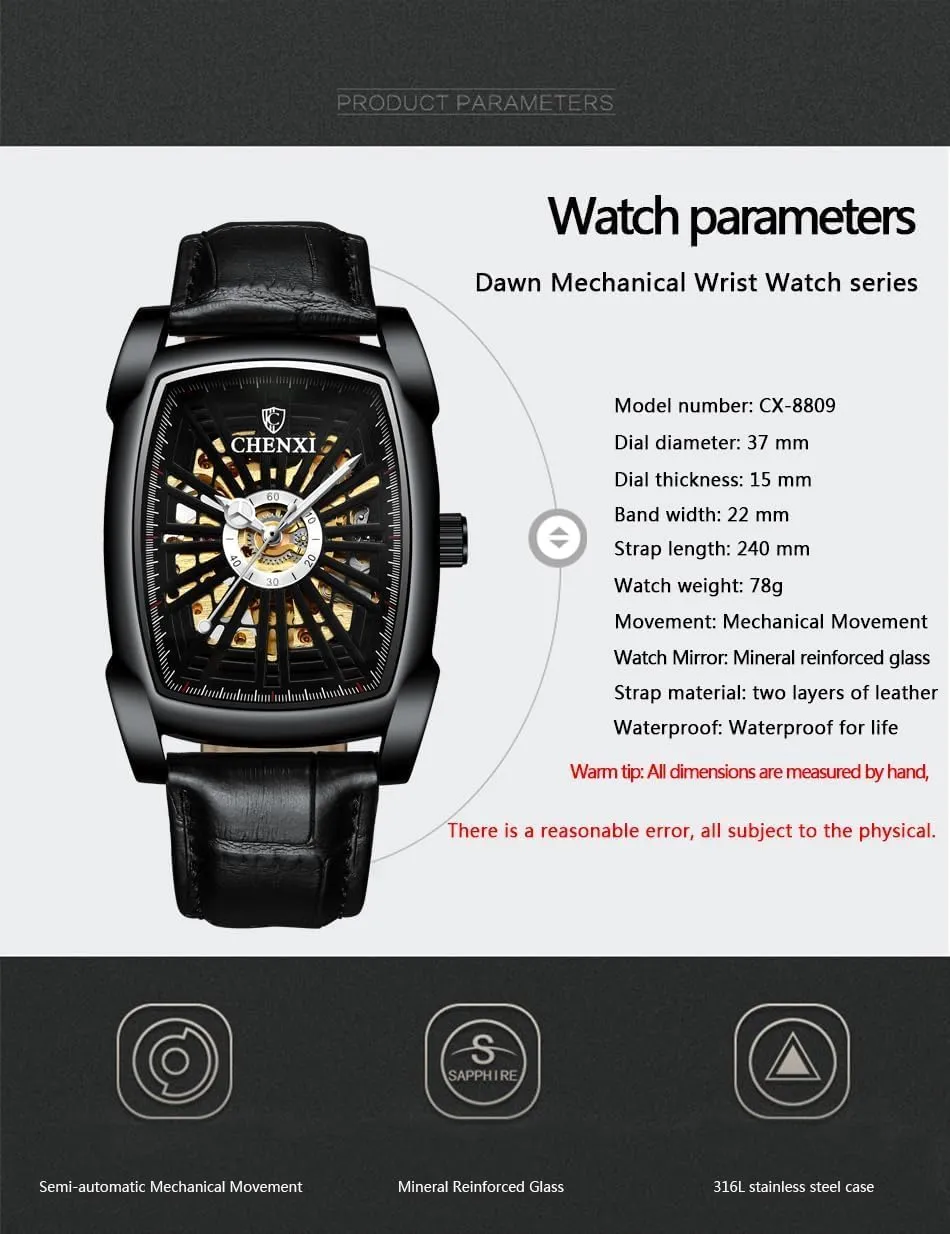 Luxury Men's Watches Fashion Square Dial Automatic Mechanical Watch Leather Hollow-Carved Design Mens Wrist Watch Luminous Waterproof Tourbillon Clock