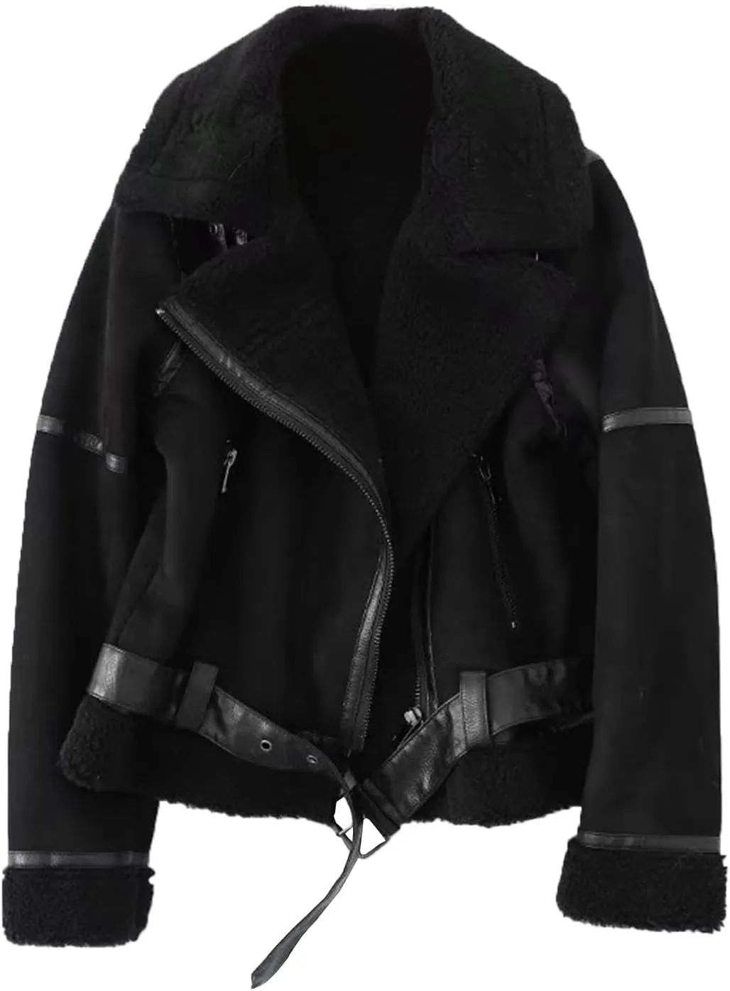 LY VAREY LIN Women's Faux Shearing Moto Jacket Thick Lined Parka Winter Shearling Coat Leather Jacket