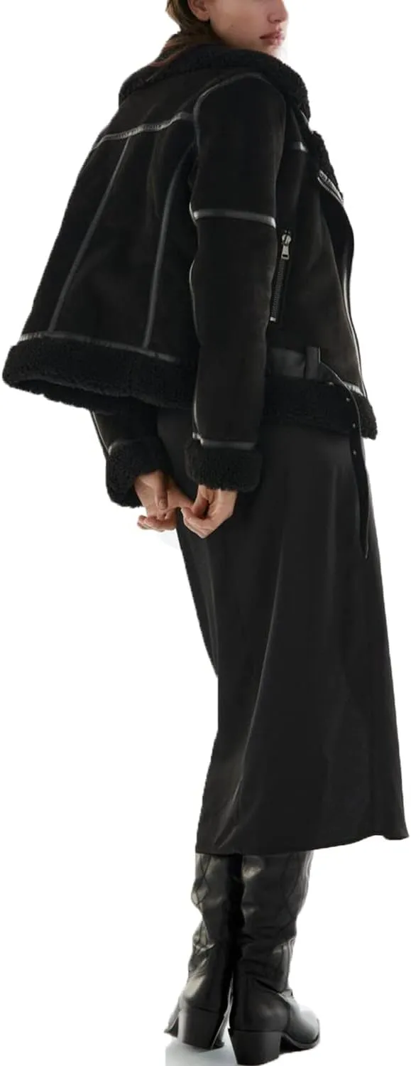 LY VAREY LIN Women's Faux Shearing Moto Jacket Thick Lined Parka Winter Shearling Coat Leather Jacket