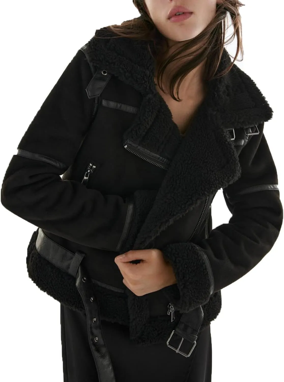 LY VAREY LIN Women's Faux Shearing Moto Jacket Thick Lined Parka Winter Shearling Coat Leather Jacket