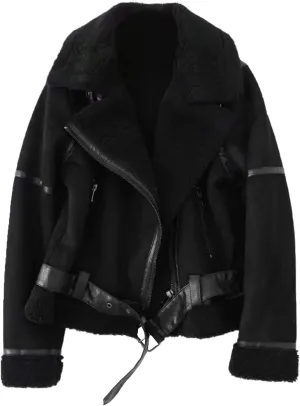 LY VAREY LIN Women's Faux Shearing Moto Jacket Thick Lined Parka Winter Shearling Coat Leather Jacket