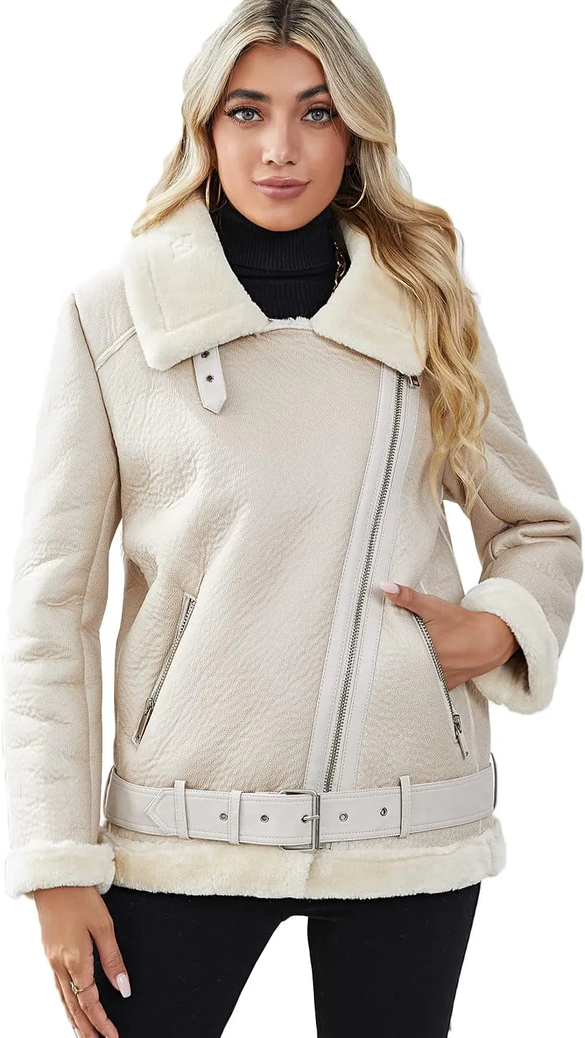LY VAREY LIN Women's Faux Shearing Moto Jacket Thick Lined Parka Winter Shearling Coat Leather Jacket