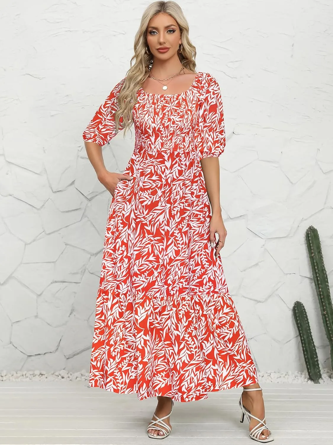 Lyrur Summer Boho Smocked Maxi Dresses for Women 2025 Casual Puff Sleeve Square Neck A Line Tiered Ruffle Ankle Length Dress