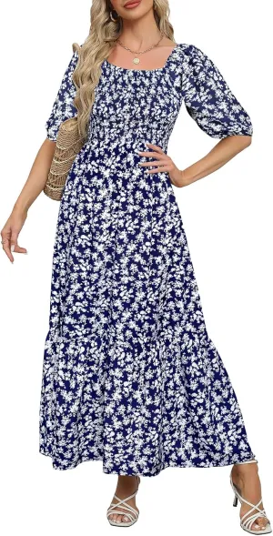 Lyrur Summer Boho Smocked Maxi Dresses for Women 2025 Casual Puff Sleeve Square Neck A Line Tiered Ruffle Ankle Length Dress