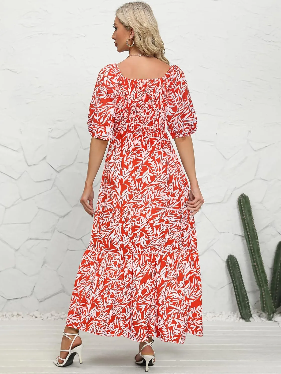 Lyrur Summer Boho Smocked Maxi Dresses for Women 2025 Casual Puff Sleeve Square Neck A Line Tiered Ruffle Ankle Length Dress
