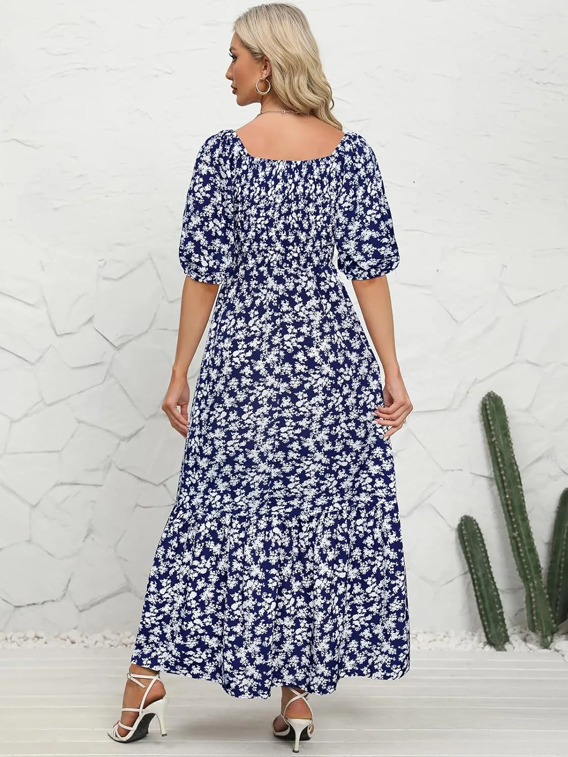 Lyrur Summer Boho Smocked Maxi Dresses for Women 2025 Casual Puff Sleeve Square Neck A Line Tiered Ruffle Ankle Length Dress