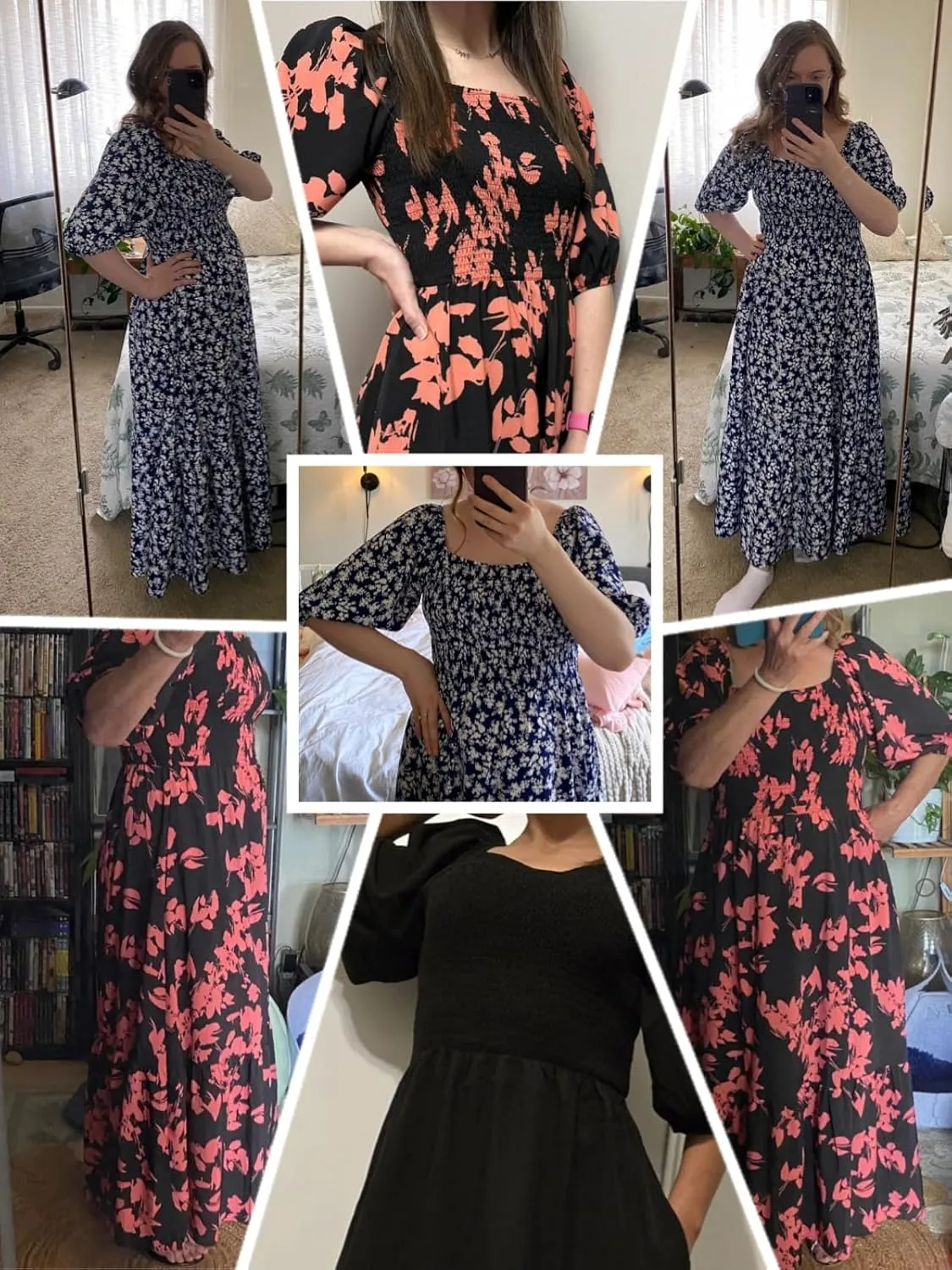 Lyrur Summer Boho Smocked Maxi Dresses for Women 2025 Casual Puff Sleeve Square Neck A Line Tiered Ruffle Ankle Length Dress