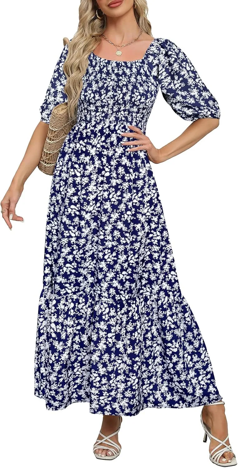 Lyrur Summer Boho Smocked Maxi Dresses for Women 2025 Casual Puff Sleeve Square Neck A Line Tiered Ruffle Ankle Length Dress