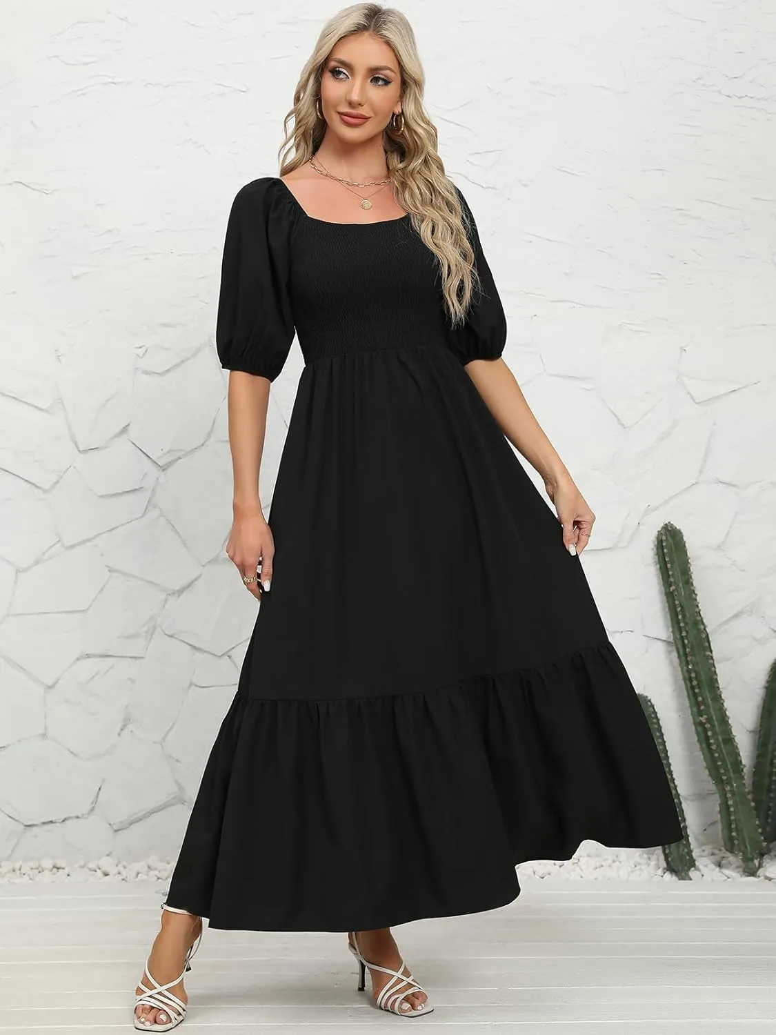 Lyrur Summer Boho Smocked Maxi Dresses for Women 2025 Casual Puff Sleeve Square Neck A Line Tiered Ruffle Ankle Length Dress